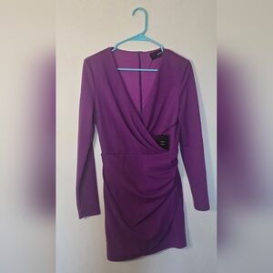 Code x Mode Purple Long Sleeve Draped Cocktail Bodycon Mini Dress New Medium